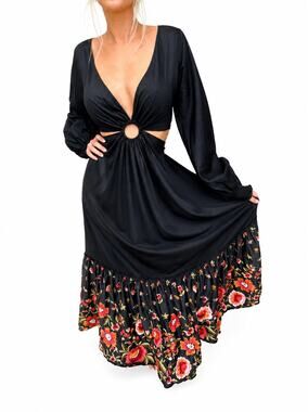 Geisha Designs Black Floral Cutout Maxi Dress